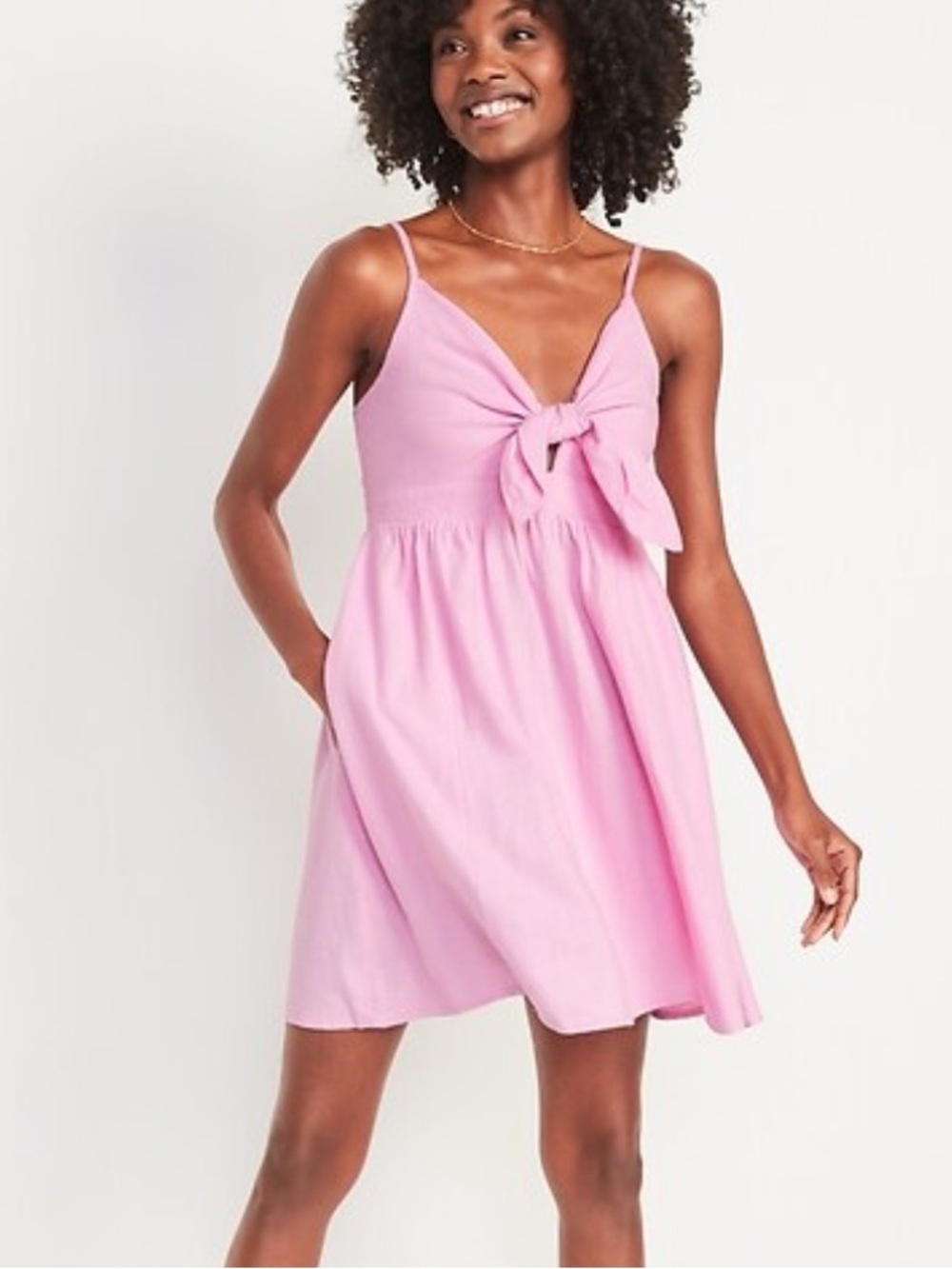 Old Navy Pink Tie Front Smocked Linen Blend Mini Dress